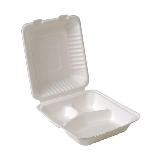Eco-Packaging® Compostable Hinged Sugarcane Clamshell Container w/ 3 Compartments, White, 8" x 8" (200/CS) - EP-A866