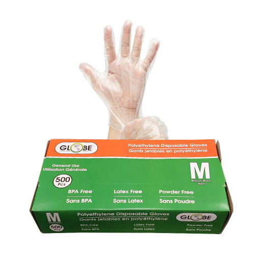 Globe Commercial Products® Powder Free Disposable Polyethylene Gloves, Clear (500/BX) - 8001